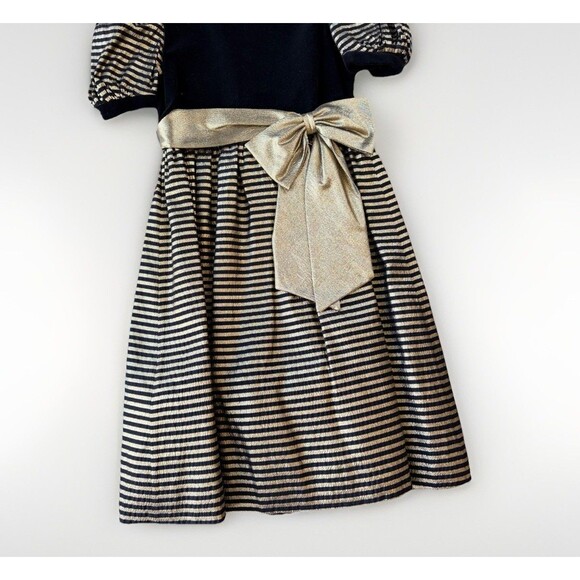Vintage Sylvia Whyte Girls Holiday Black Gold Velvet Dress Size 12 Bow Striped - Picture 3 of 9